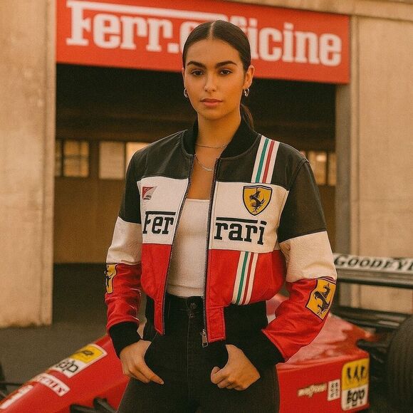 Vintage Ferrari Racing Leather Bomber Jacket Women Red Formula 1  – Size XS/S - Picture 1 of 3